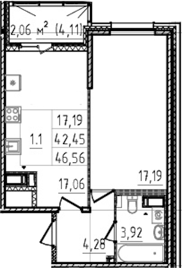 1-комнатная квартира 42.45 м², 14/14 эт., ЖК «Чёрная речка»